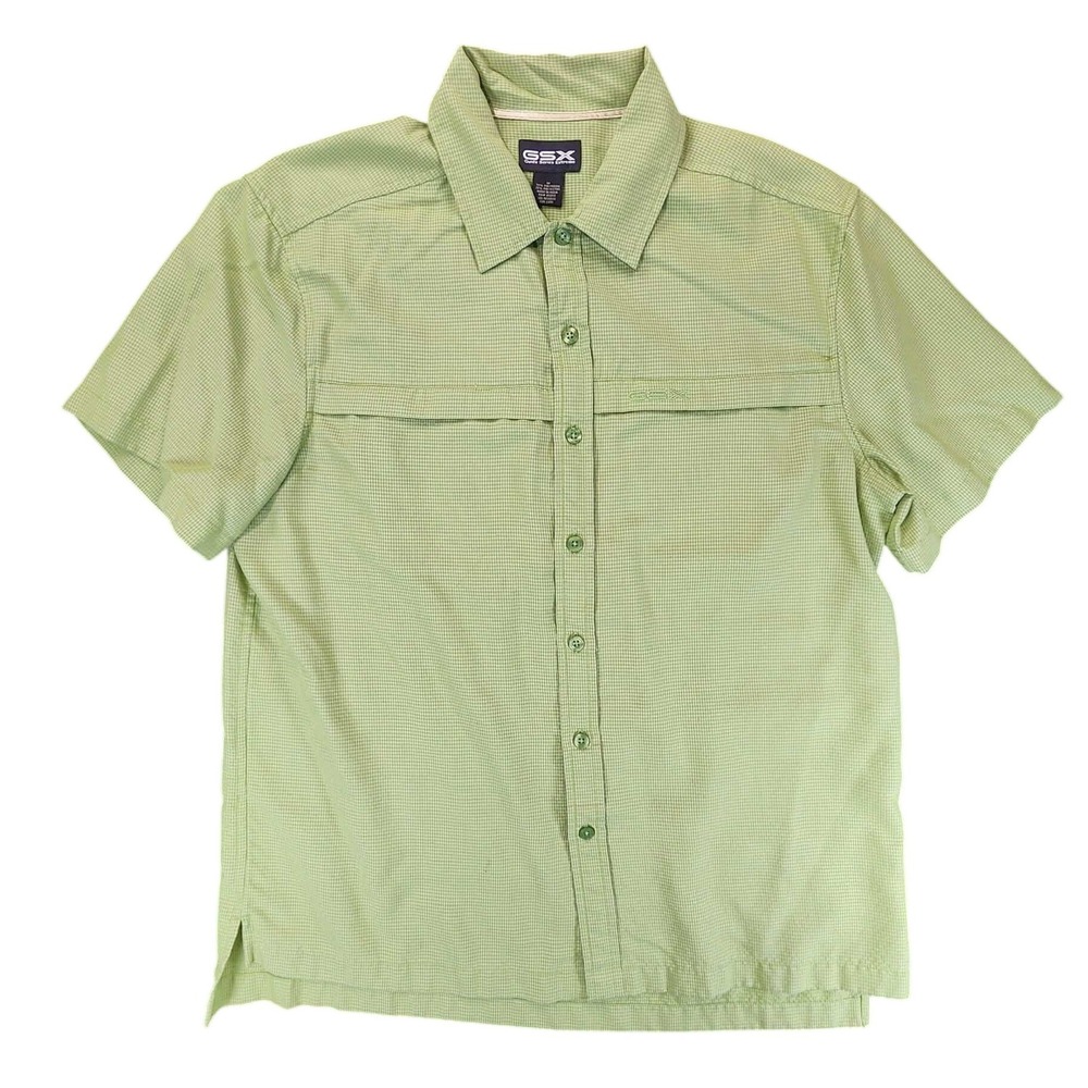 GSX Button Up Shirt Mens Medium Green Micro Grid Performance Short Sleeve EUC